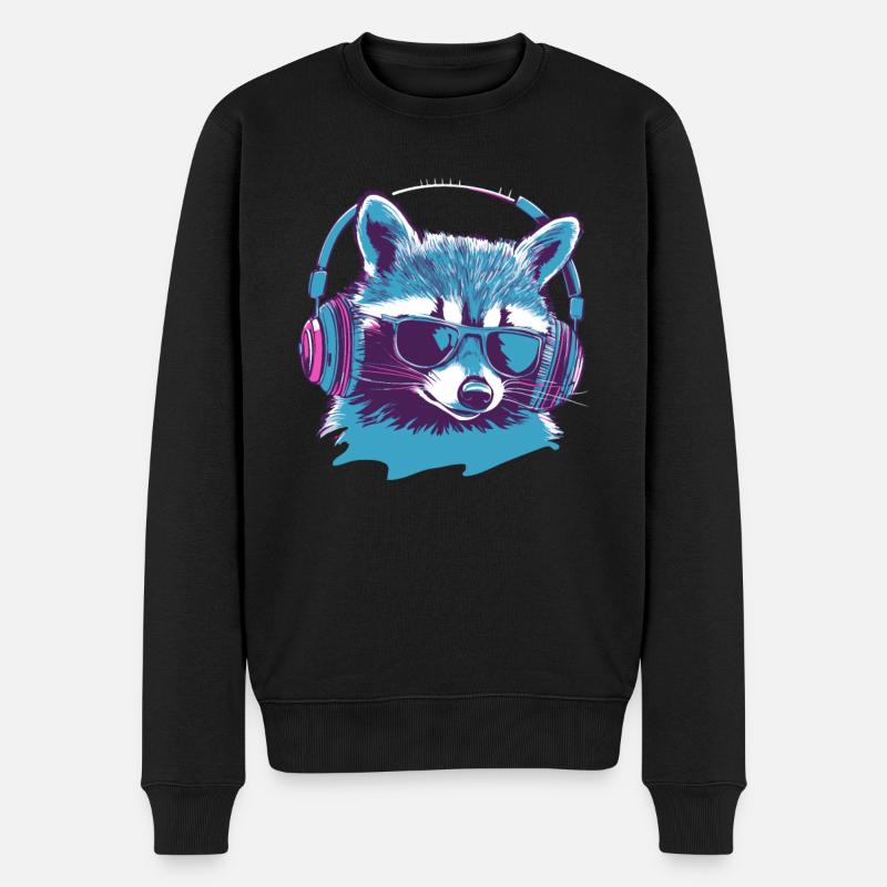 Zocker Waschbär mit Sonnenbrille und Kopfhörern - Männer Premium Bio Pullover - Schwarz