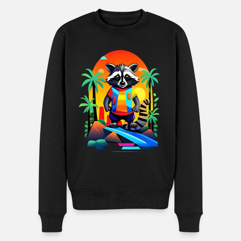 Retro Waschbär in Tropical Sunset - Männer Premium Bio Pullover - Schwarz