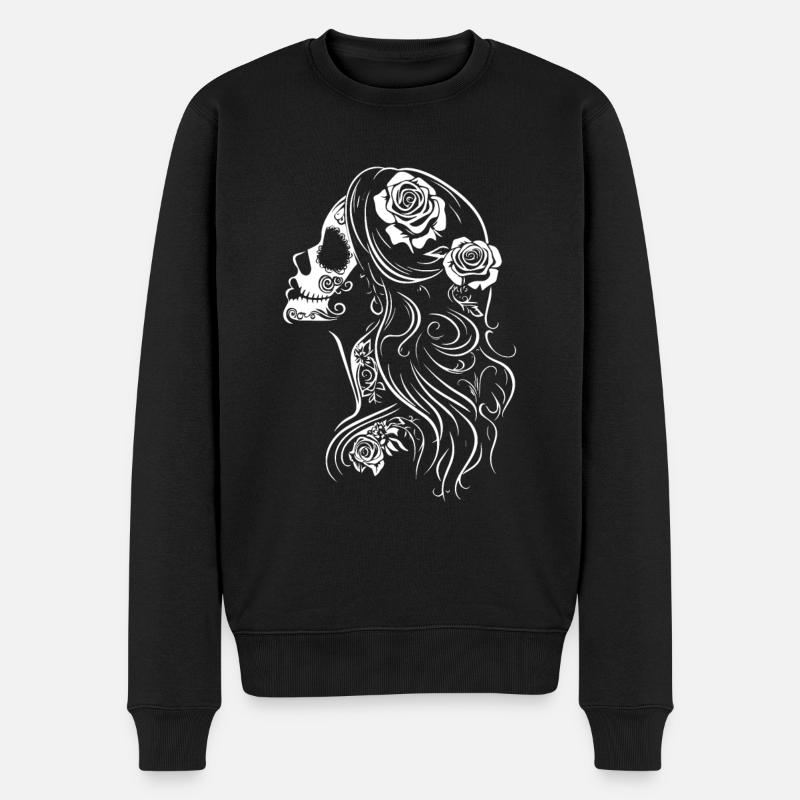 La Catrina Totenkopf-Seitenansicht mit Rosen - Männer Premium Bio Pullover - Schwarz