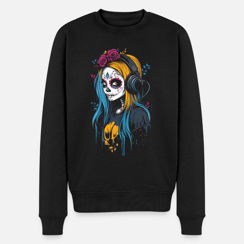 Moderne Catrina mit Kopfhörern Dia de los Muertos - Männer Premium Bio Pullover - Schwarz