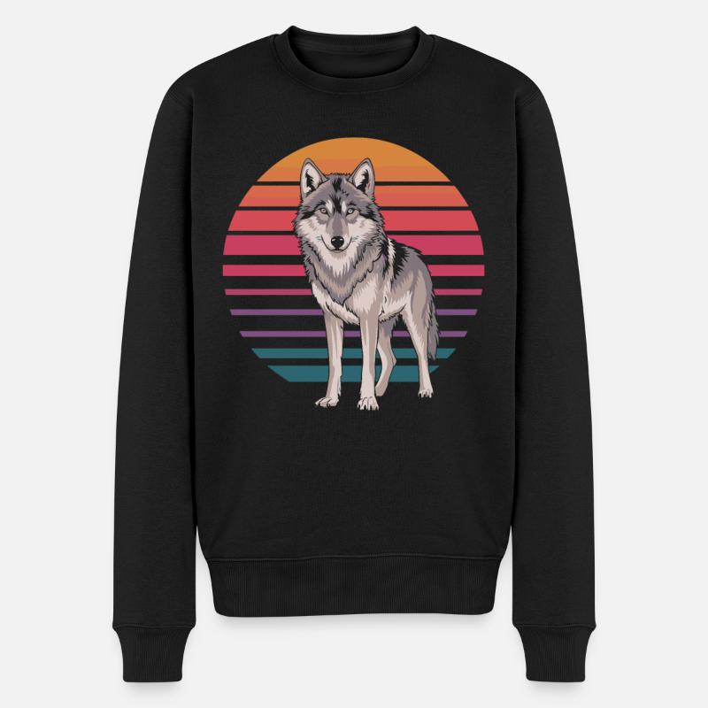 Retro Wolf Vor Sonnenuntergang - Männer Premium Bio Pullover - Schwarz