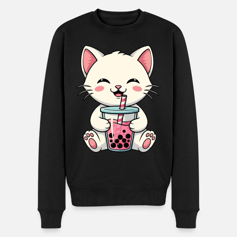 Katze Bubble Tea - Männer Premium Bio Pullover - Schwarz