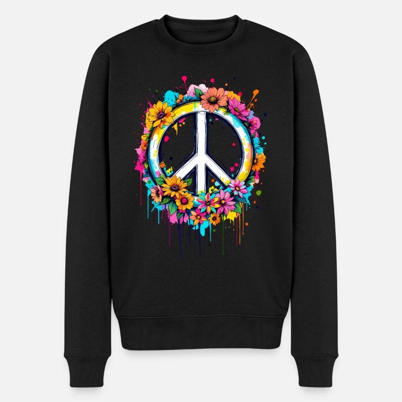 Friedenszeichen Love Peace Hippie 70er 60er Jahre - Männer Premium Bio Pullover - Schwarz