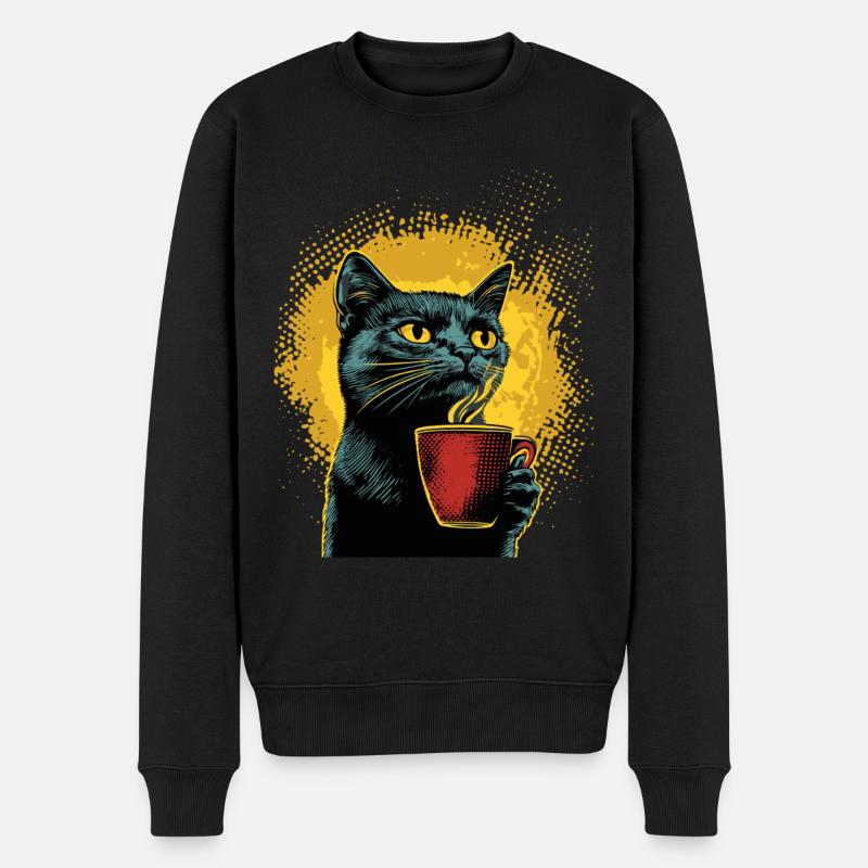 Schwarze Katze mit heißem Kaffee in roter Tasse - Männer Premium Bio Pullover - Schwarz