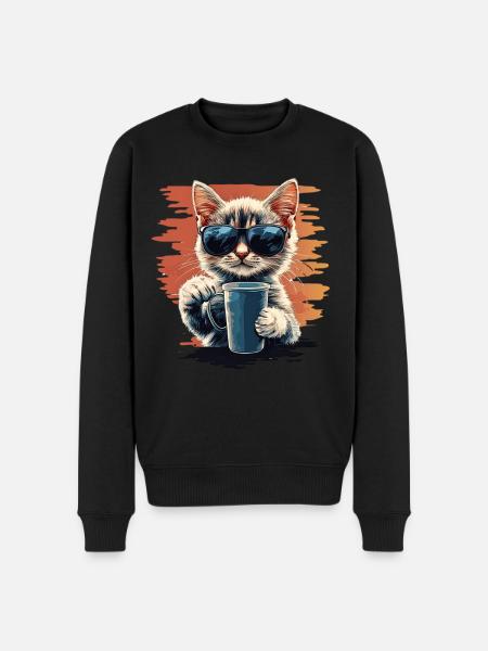 Cool cat with sunglasses & coffee - Men's Premium Organic Jumper - black