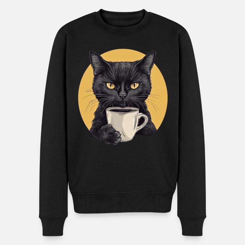 Realistische Katze mit Kaffee - Morgenritual - Männer Premium Bio Pullover - Schwarz
