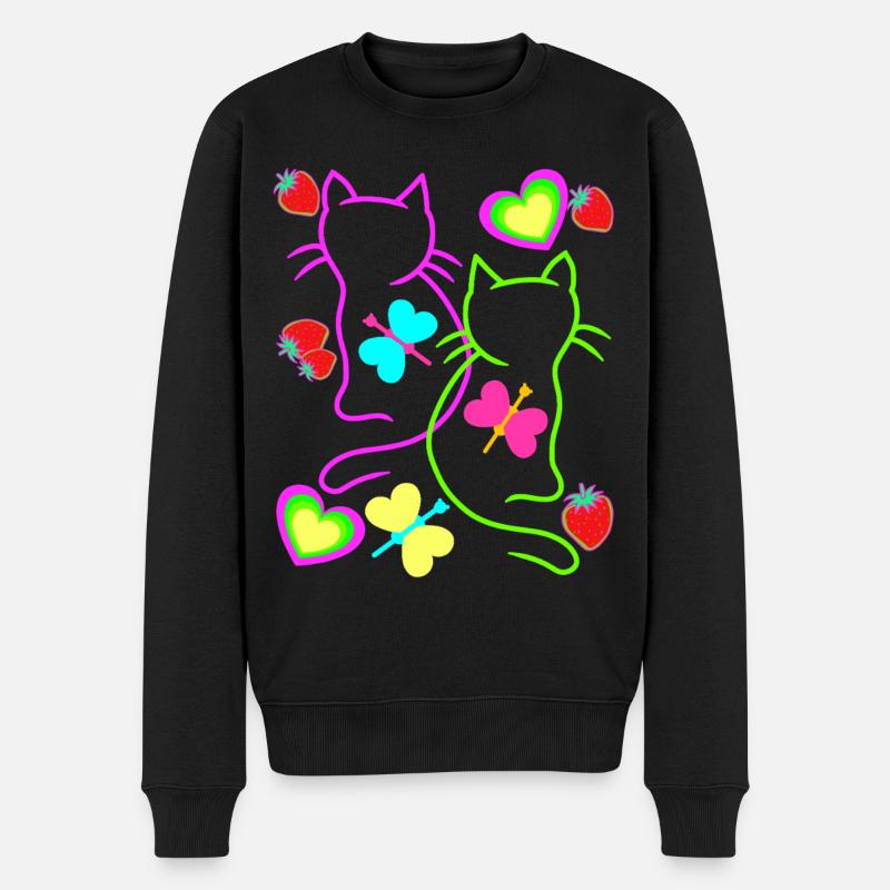 Retro Katzen Erdbeer Sommer 80er Katze Vintage - Männer Premium Bio Pullover - Schwarz