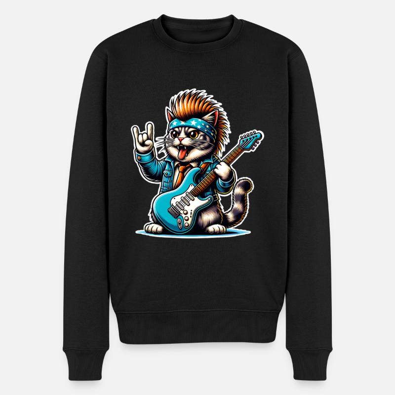 Katze Rock and Roll Gitarrist - Männer Premium Bio Pullover - Schwarz
