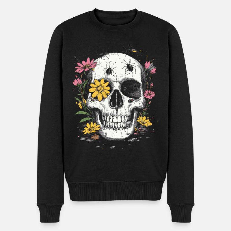 Totenkopf mit Blumen & Insekten - Männer Premium Bio Pullover - Schwarz