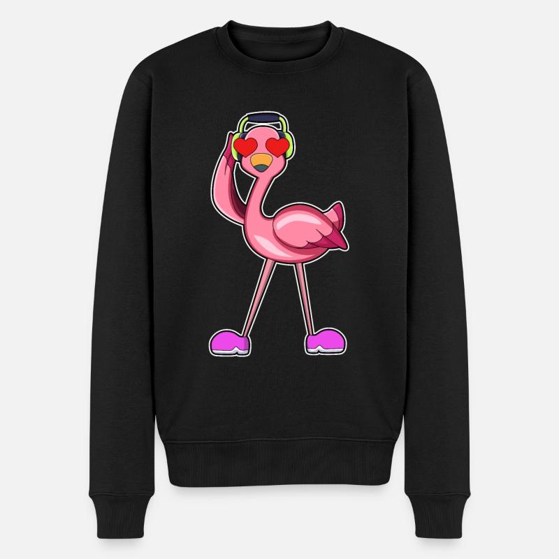Flamingo mit Kopfhörer & Herzen - Männer Premium Bio Pullover - Schwarz