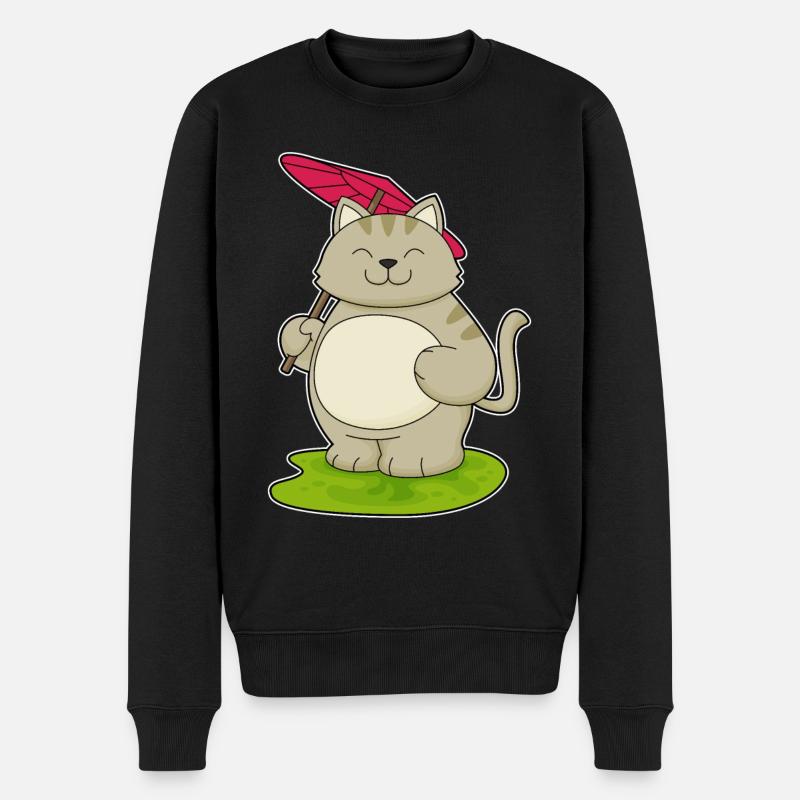 Katze mit Regenschirm - Männer Premium Bio Pullover - Schwarz