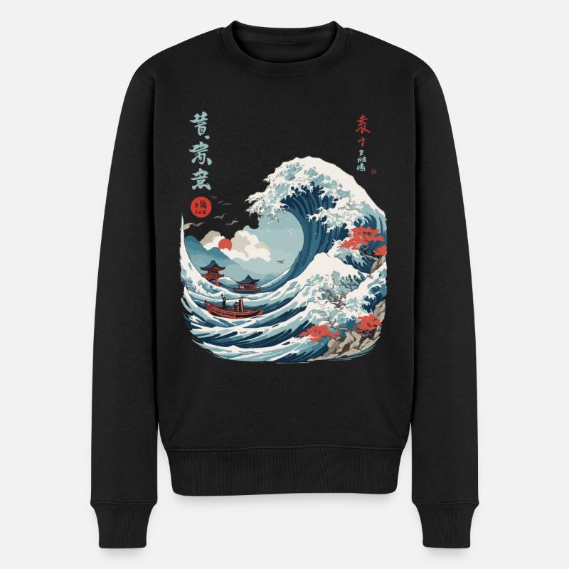 Japonais Kanagawa Wave Vintage Ukiyo-E - Pull Premium bio Homme - noir