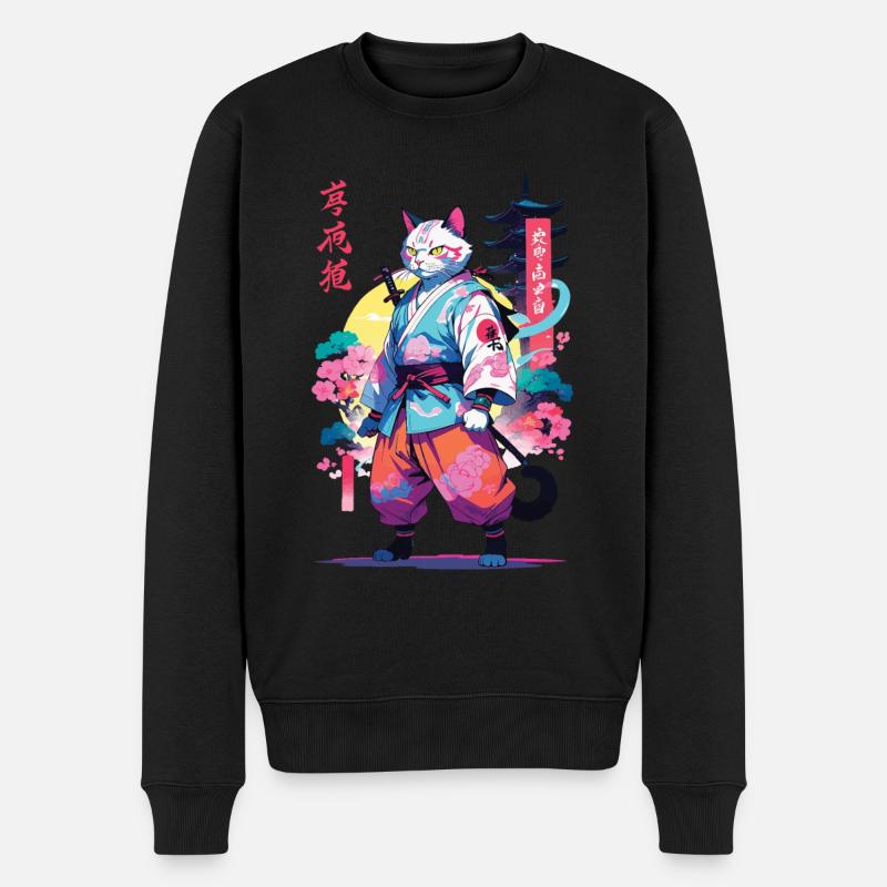 Samurai Katze Vaporwave Aesthetic - Männer Premium Bio Pullover - Schwarz