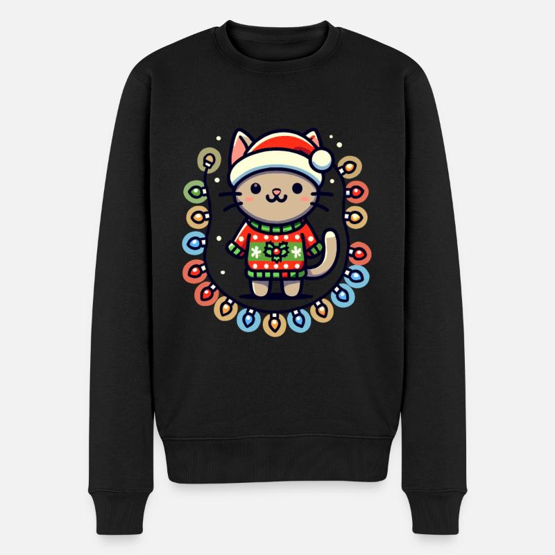 Weihnachtliche Katze Mit Lichterkette - Männer Premium Bio Pullover - Schwarz