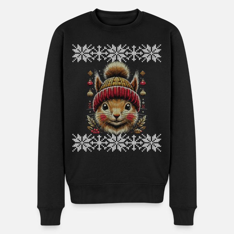 Winterfreude Mit Eichhörnchen Im Strickmuster - Männer Premium Bio Pullover - Schwarz