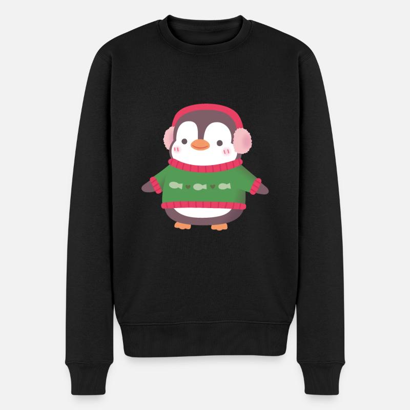 Süßer Pinguin mit Fischpullover - Männer Premium Bio Pullover - Schwarz