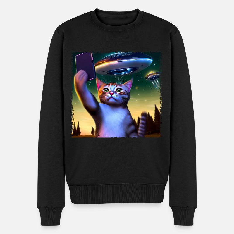 Katzen-Selfie mit UFO - Männer Premium Bio Pullover - Schwarz