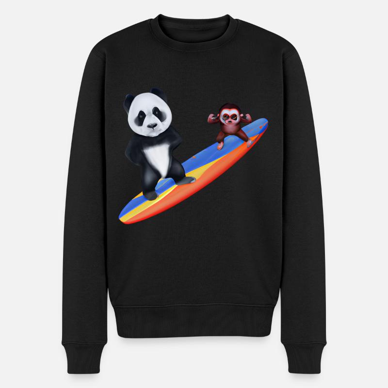 Surfender Panda und Affe - Männer Premium Bio Pullover - Schwarz