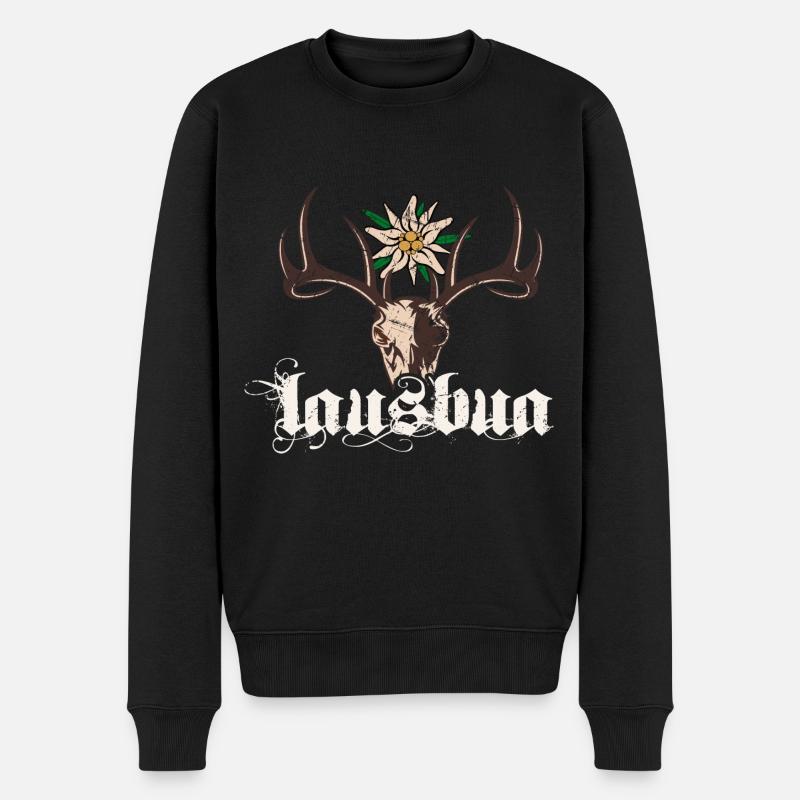 Lausbua Hirsch Edelweiß Trachtenshirt Bayern - Männer Premium Bio Pullover - Schwarz