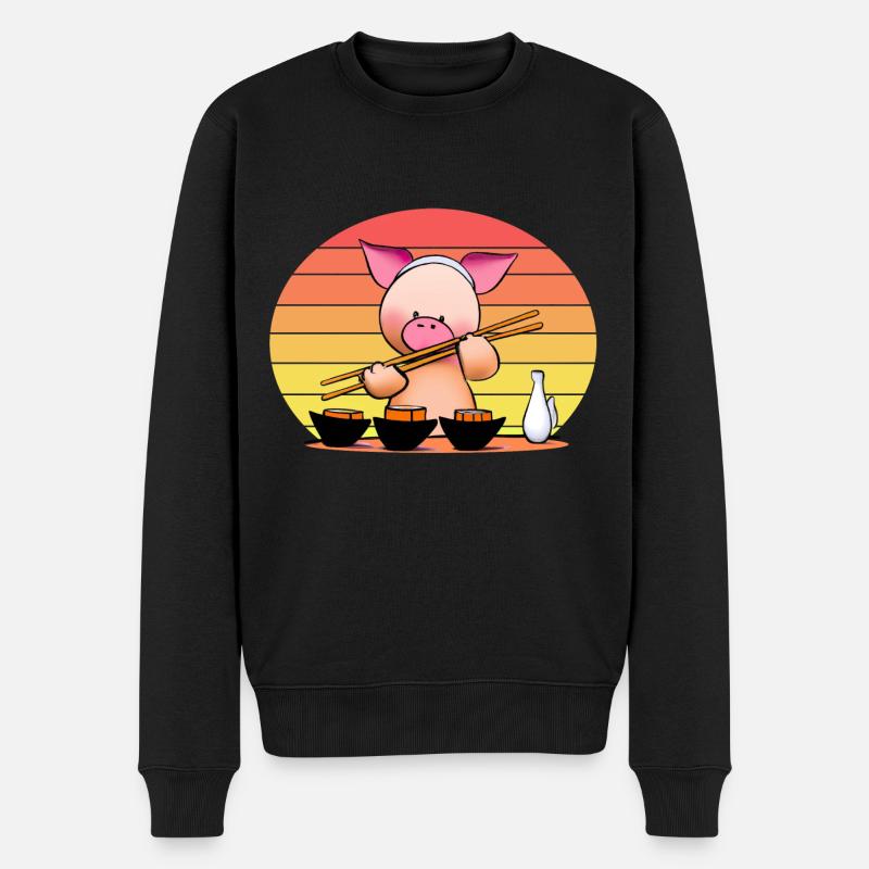 Schwein versucht Sushi mit Stäbchen - Männer Premium Bio Pullover - Schwarz