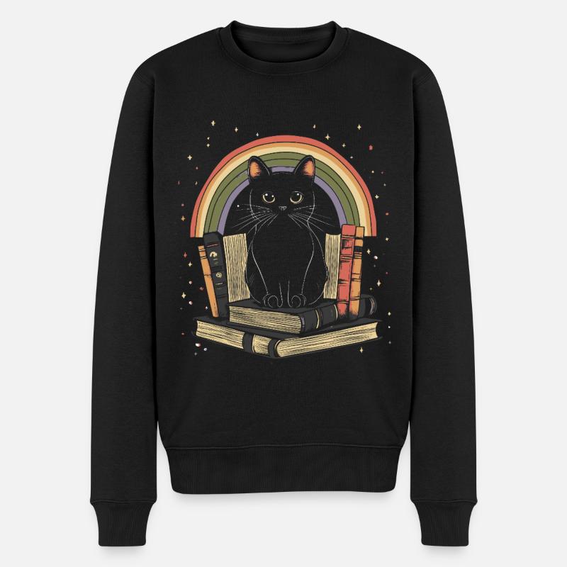 schwarze Katze sitzt auf Bücher - Männer Premium Bio Pullover - Schwarz
