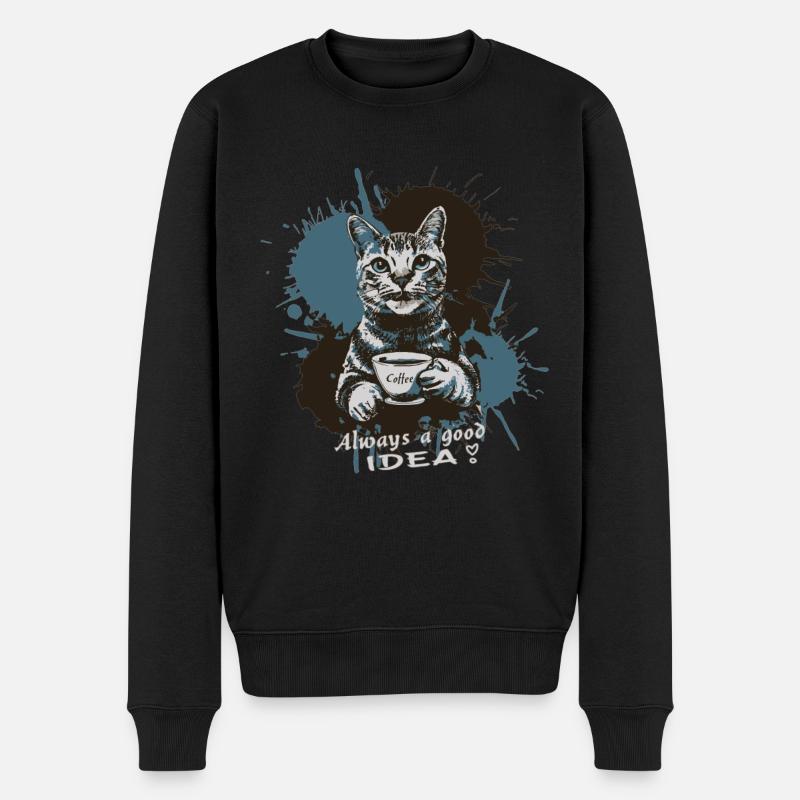 Katze mit Kaffee, Kaffee ist immer eine gute Idee - Männer Premium Bio Pullover - Schwarz