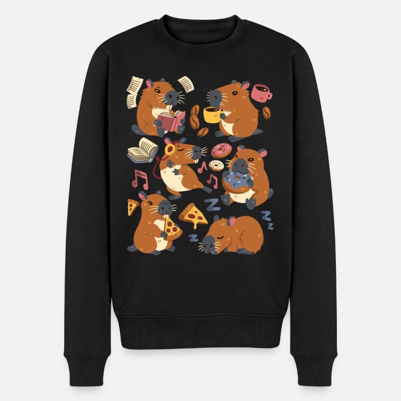 Capybara: Pizza, Kaffee, Donut, Musik, Buch lesen - Männer Premium Bio Pullover - Schwarz