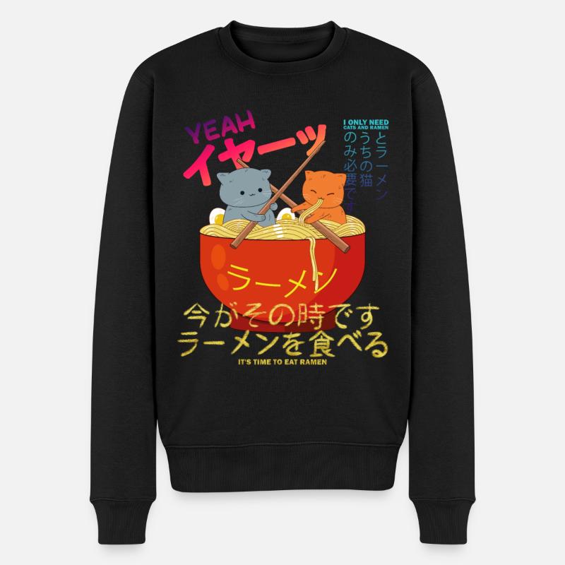 Verrücktes Japan Design I only need cats and ramen - Männer Premium Bio Pullover - Schwarz