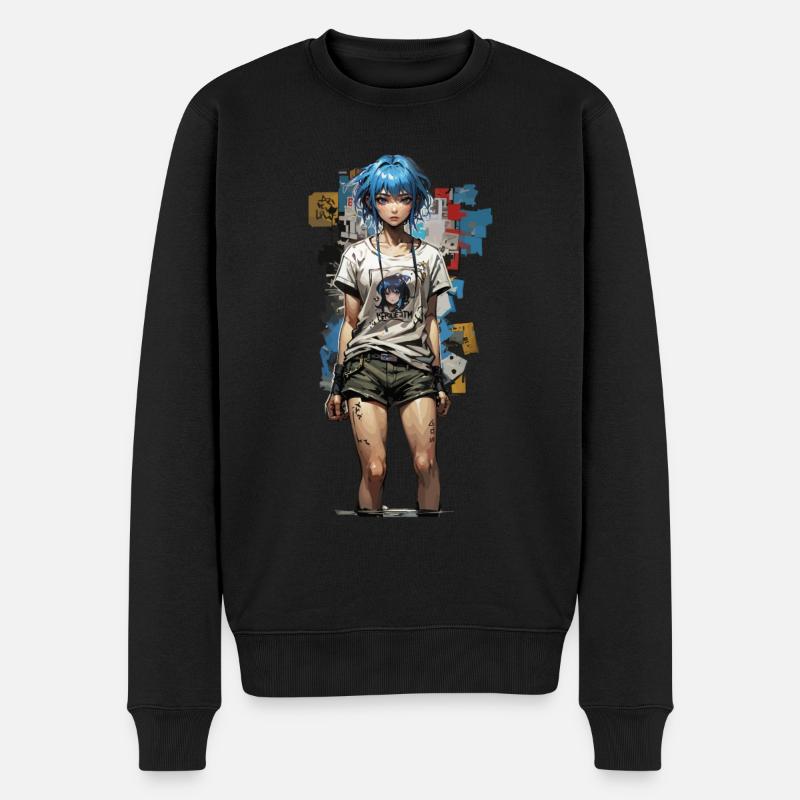 Anime Streetstyle Design Mit Blauer Haar - Männer Premium Bio Pullover - Schwarz
