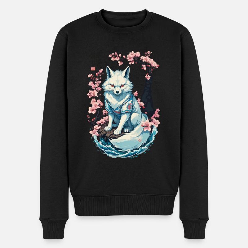 Weißer Kitsune Fuchs Japanische Kirschblüten - Männer Premium Bio Pullover - Schwarz