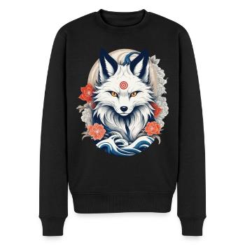 Weißer Kitsune Fuchs Japanische Kirschblüten - Männer Premium Bio Pullover - Schwarz - Vorne - Nico (187cm)