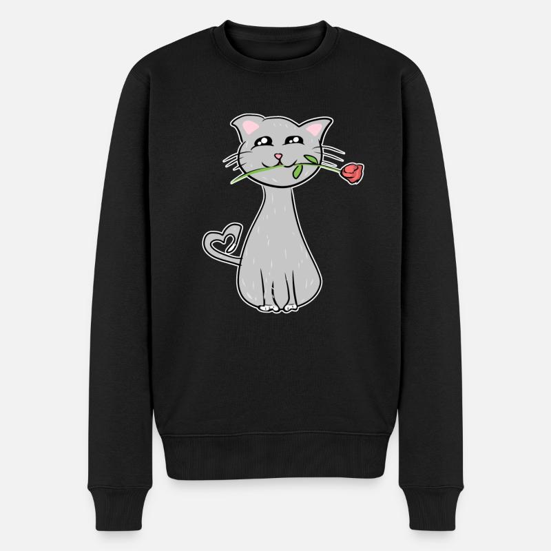 graue cartoon katze rose blume romantisch - Männer Premium Bio Pullover - Schwarz