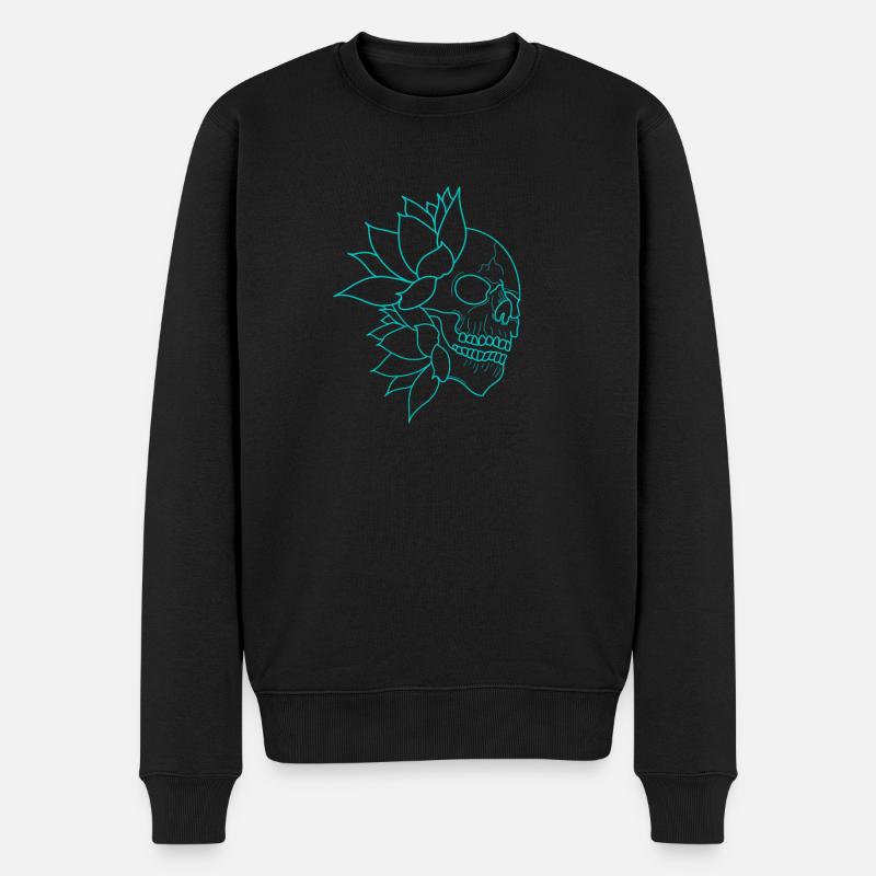 Todeskopf und blaue Seerosen - Männer Premium Bio Pullover - Schwarz