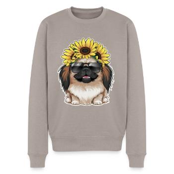 Sommerliches Sonnenblumenmotiv mit süßem Pekinese. - Männer Premium Bio Pullover - Taupe - Vorne - Nico (187cm)