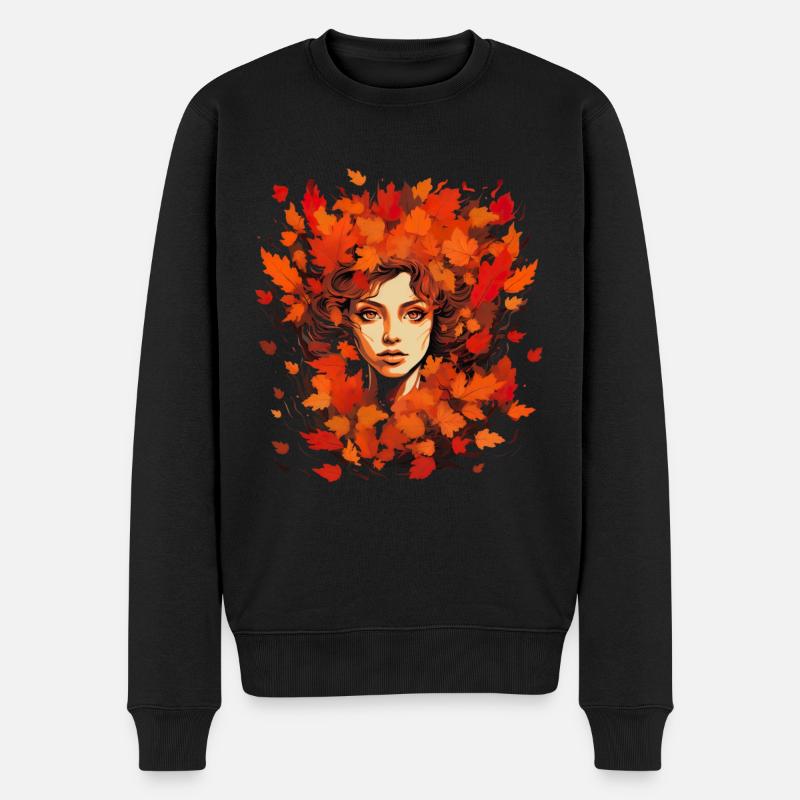 Herbst Frau Natur Blätter Jahreszeit - Männer Premium Bio Pullover - Schwarz