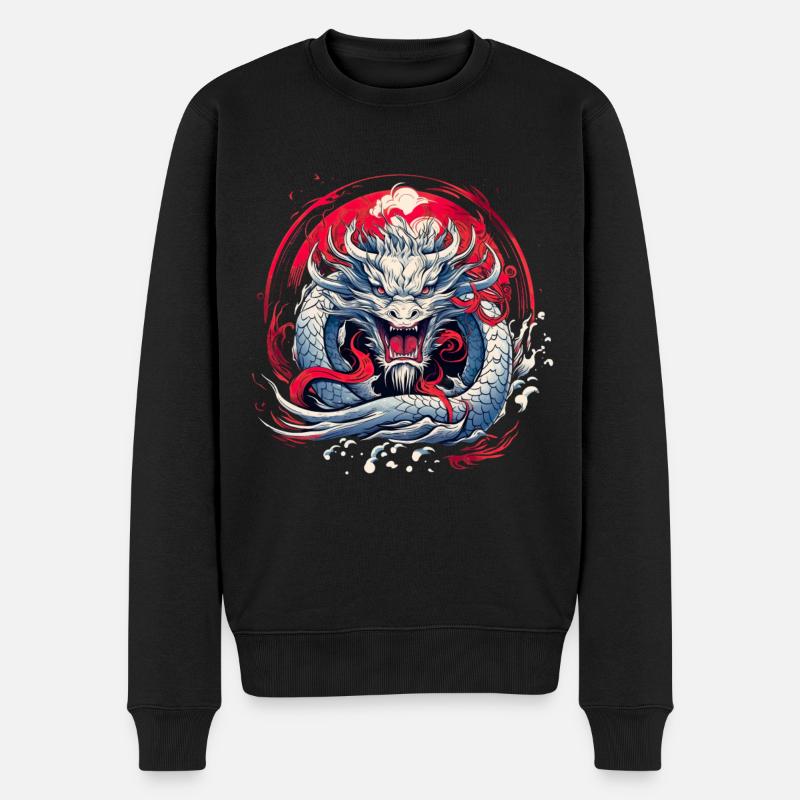 Asiatisch Drache Anime Japanisch Meer Wellen - Männer Premium Bio Pullover - Schwarz