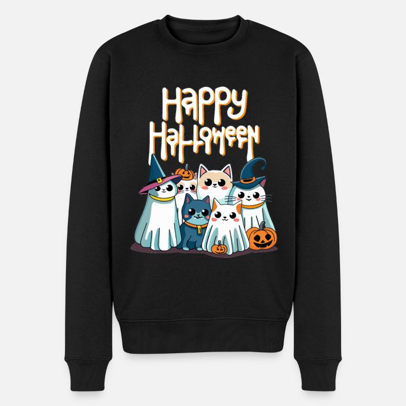 Niedliche Katzen feiern Halloween mit Katzenmama - Männer Premium Bio Pullover - Schwarz