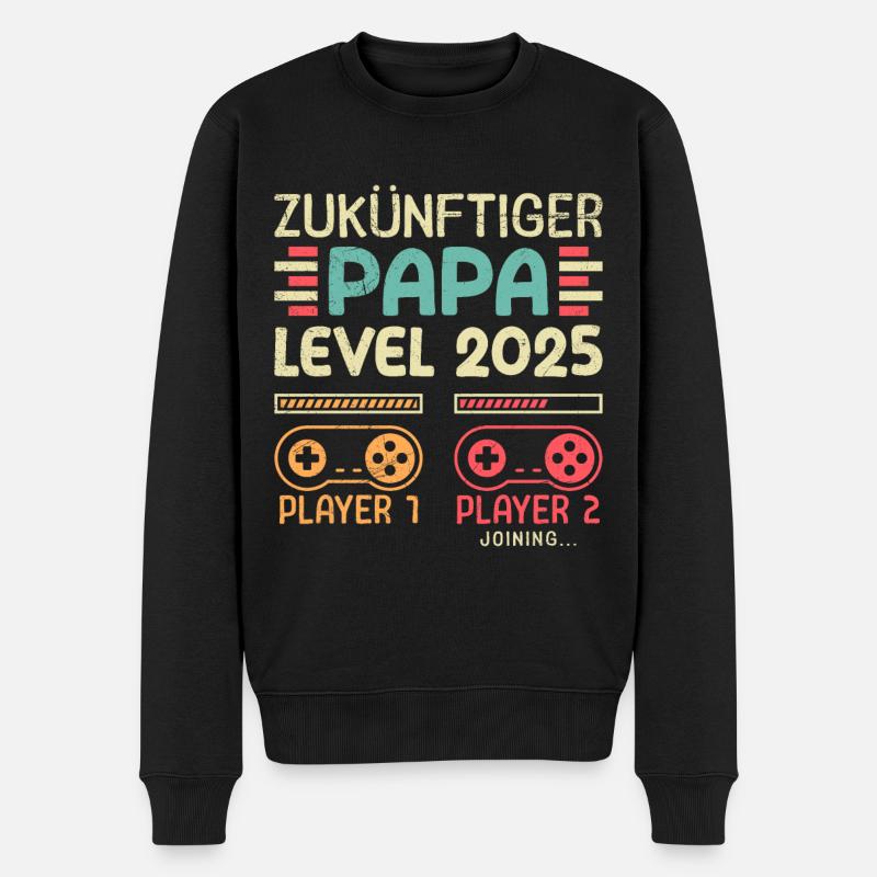 ZUKÜNFTIGER PAPA LEVEL 2025 Vintage Spielerpapa - Männer Premium Bio Pullover - Schwarz
