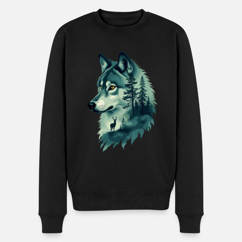 Majestätischer Wolf und Hirsch Natur Kunst - Männer Premium Bio Pullover - Schwarz