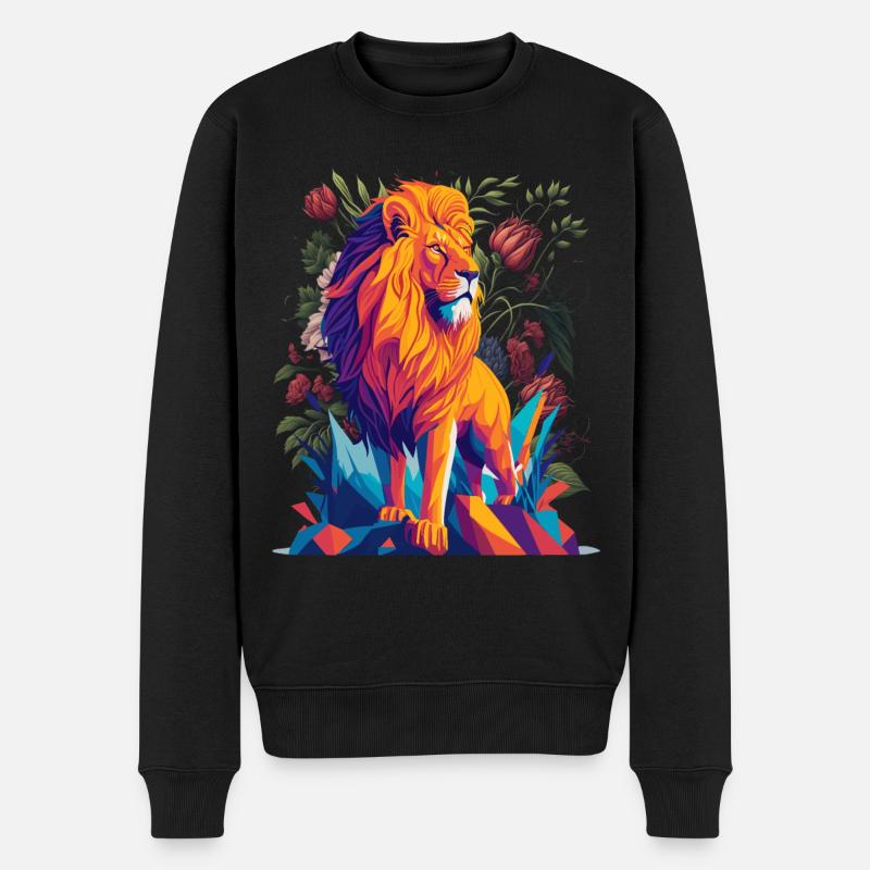 Lion majestueux avec des fleurs - Pull Premium bio Homme - noir
