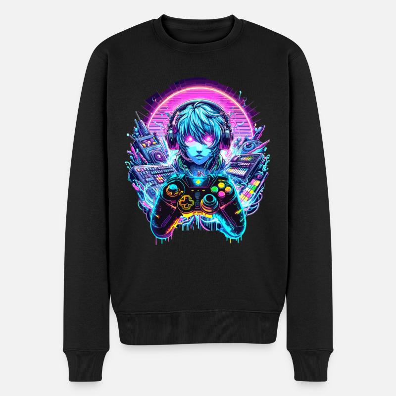Gamer Headset Anime Synthwave Art - Männer Premium Bio Pullover - Schwarz