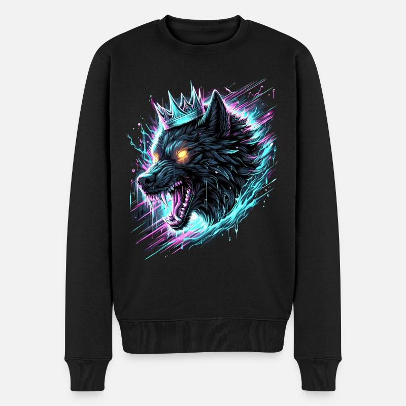 Königlicher Wolf Synthwave - Männer Premium Bio Pullover - Schwarz
