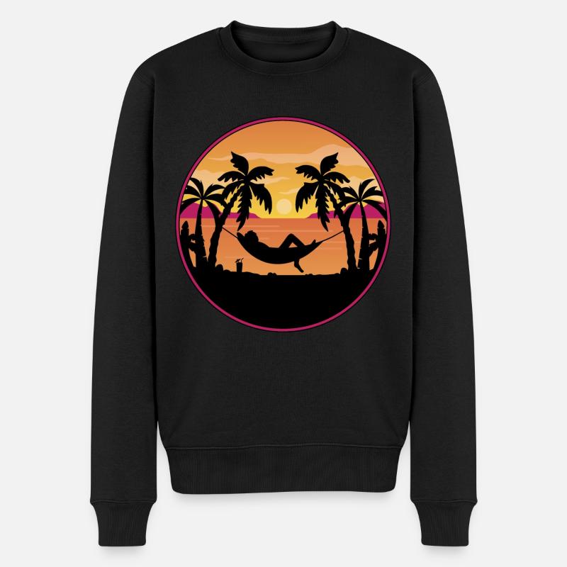 Palmen mit Hängematte am Strand - Sonnenuntergang - Männer Premium Bio Pullover - Schwarz