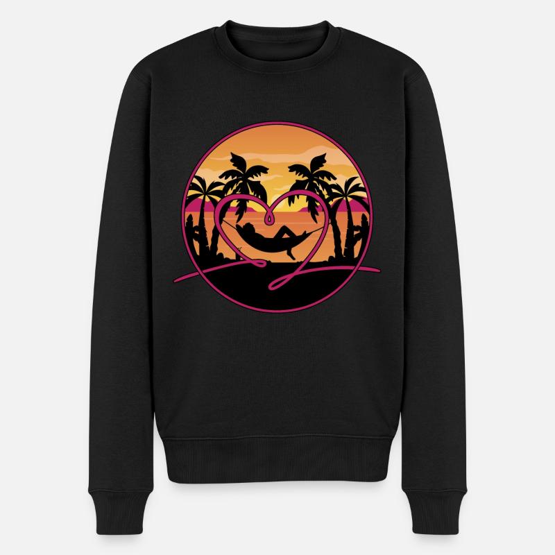 Sonnenuntergang Meer Strand Herz Palmen Hängematte - Männer Premium Bio Pullover - Schwarz