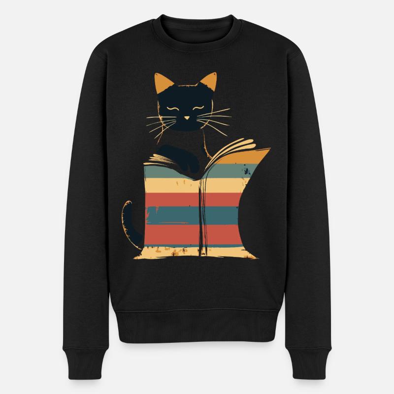 Schwarze Katze liest Buch - Männer Premium Bio Pullover - Schwarz