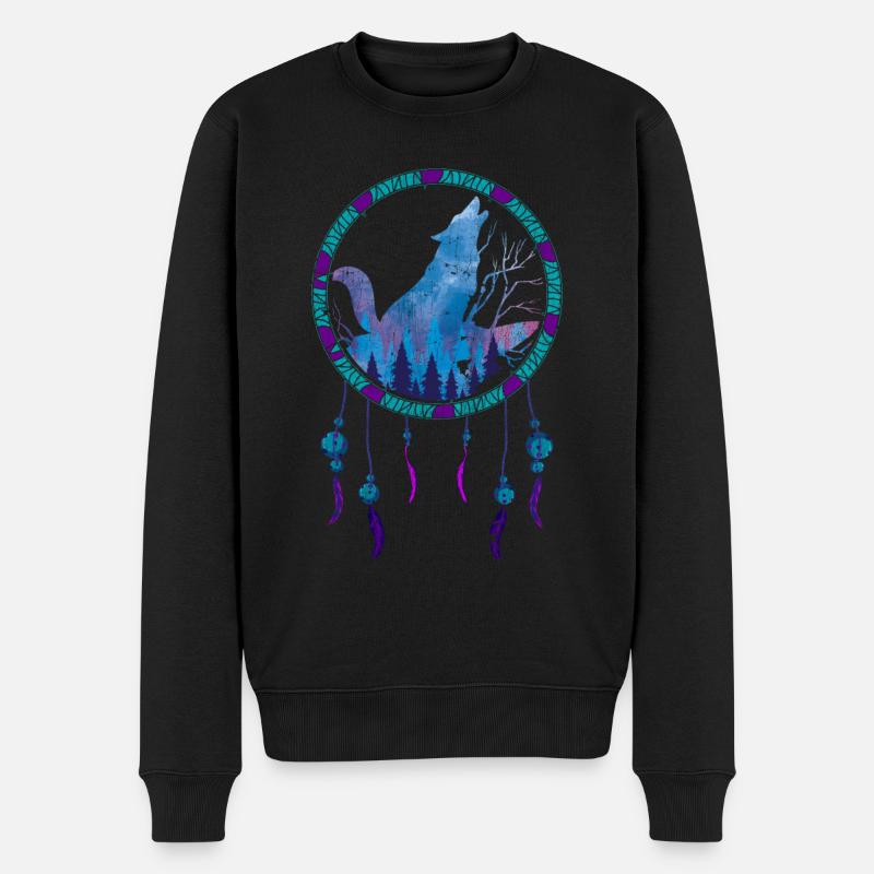 Idée cadeau Plumes Capteur de rêves Hurlant Loup - Pull Premium bio Homme - noir