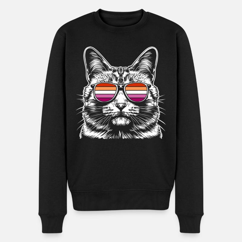 Coole Katze mit Brille und lesbischer Retro-Look - Männer Premium Bio Pullover - Schwarz