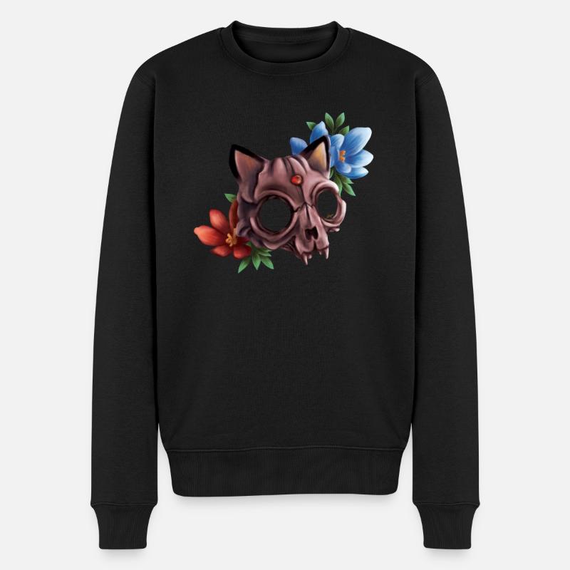 Katzenschädel mit Blumen - Männer Premium Bio Pullover - Schwarz
