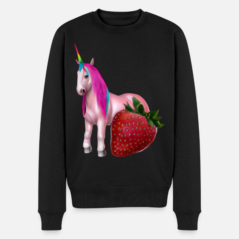 Einhorn mit Erdbeere - Männer Premium Bio Pullover - Schwarz