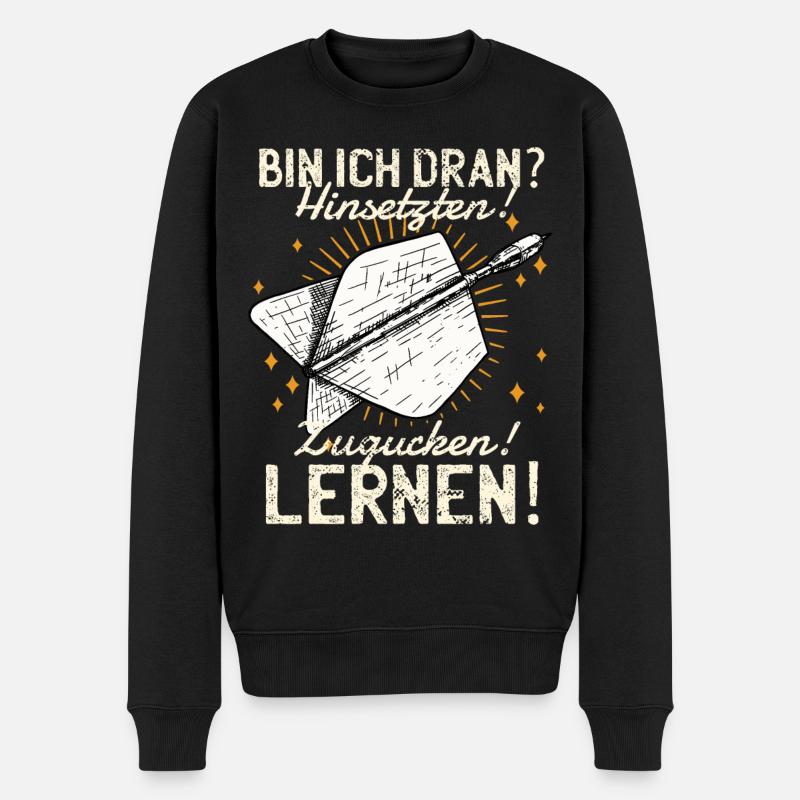 Dart Spruch Hinsetzen! Zugucken! Lernen! Dartpfeil - Männer Premium Bio Pullover - Schwarz